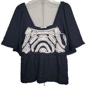 Sarah Hann Anthropologie Flutter-Sleeve Crochet Babydoll Blouse Size Medium